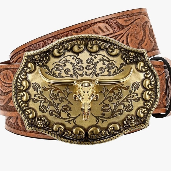 Western cowgirl/ cowboy longhorn buckle leather embossed belt womens or … main image 4
